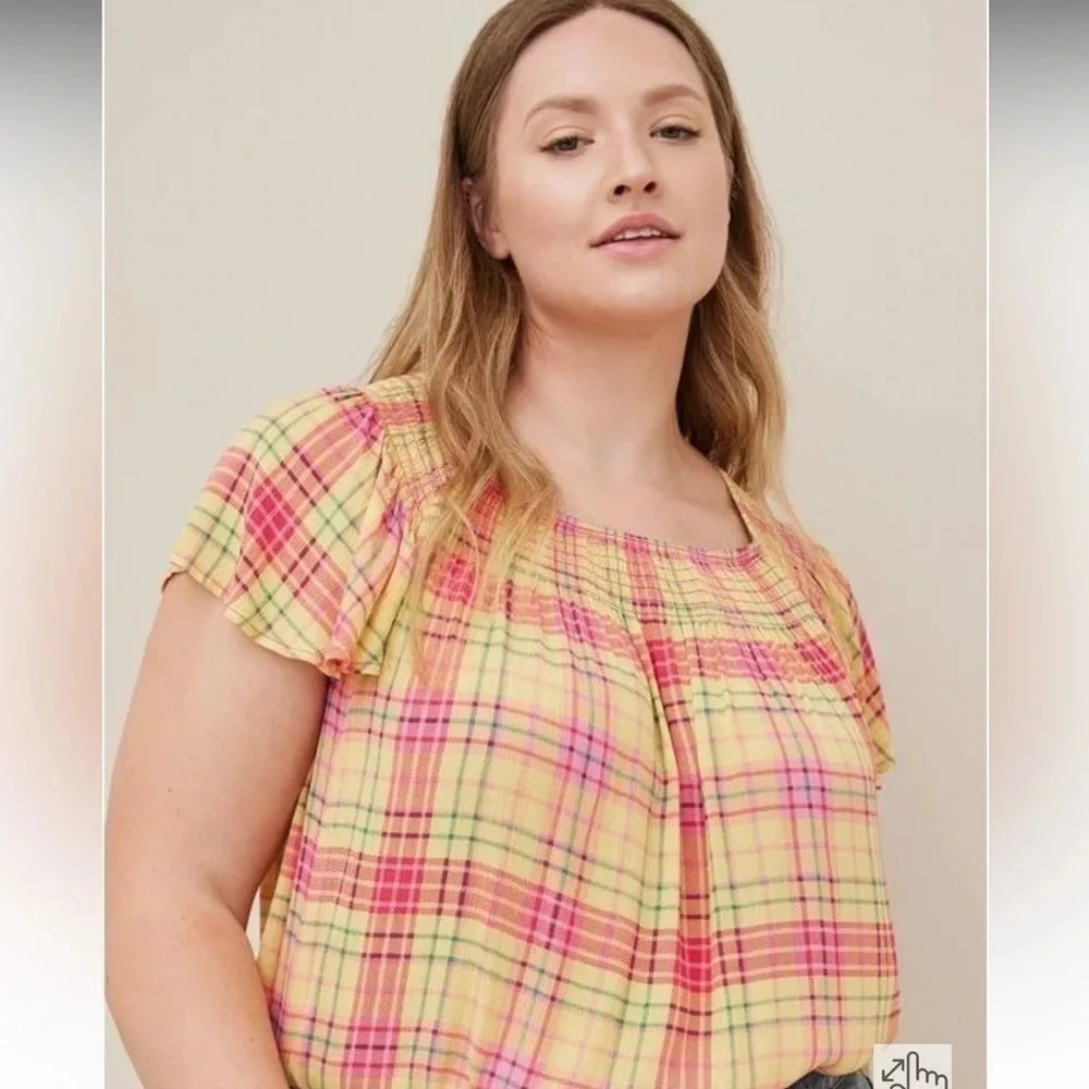 Torrid | Smocked Crew Neck Blouse Crinkle Gauze Plaid Yellow Plus Size 3X